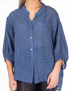 River Linen Top: River Button Down Collarless Sheer Linen Shirt in Denim Blue