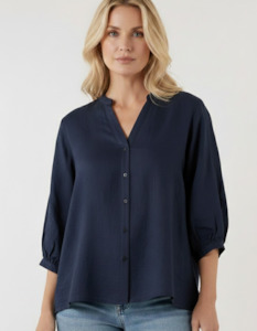New Arrivals: Storm Button Down Collarless Linen Shirt in Navy