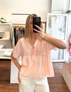 Mae V Neck Pintuck Cotton Top in Light Pink