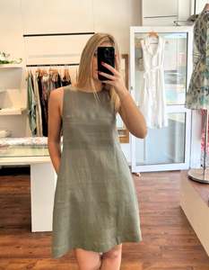 Apex A Line Sleeveless Linen Shift Dress in Khaki