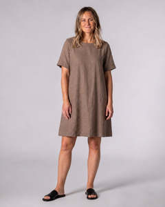 Dresses: Elke Brown Linen Round Neck Shift Dress