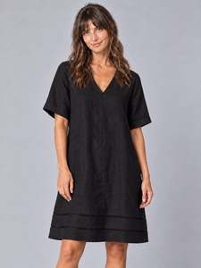Dresses: Astrid Black Linen V Neck Shift Dress