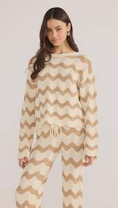 Sweaters: Mink Pink Brooke Crochet Wave Sweater Brown/White