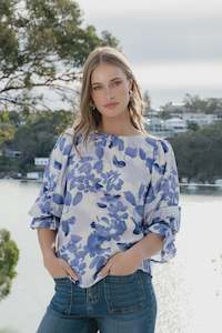 Ivy + Jack Candid Ivory Blue Floral Frill Sleeve Crew Neck SS Top