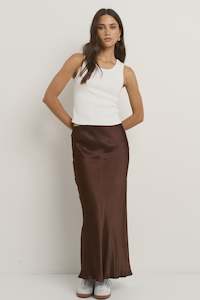 Jack Ivy: Ivy + Jack Rosette Satin Bias Midi Skirt Chocolate