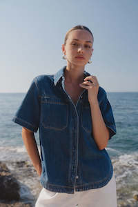 Tanks Tees: Stories Be Told Crucial Storm Blue Denim Short Sleeve Shacket