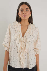 Jack Ivy: Ivy + Jack Garnish Cream Black Polka Dot Frill Front Mid Sleeve Top