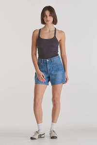 All Bottoms: Lee Mid Straight Denim Short Blue Letter