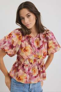All Tops: Georgia Mae Provoke Pink Multi Floral Bubble Sleeve Top