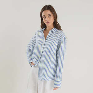 All Tops: Re: Union Exalted Blue Stripe Linen Viscose Oversized Shirt