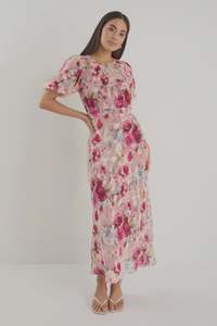 Best Sellers: Georgia Mae Exquisite Pink Rose Puff Sleeve Midi Dress