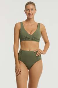 Sea Level Swim Cross Front Multi fit Bra Top Khaki