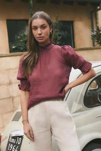 By Rosa Verse Burgundy Plum Sheer High Neck Top