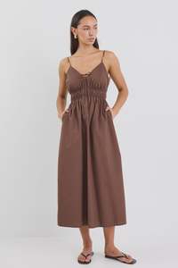 Among The Brave Cast Chocolate Cotton Strappy Midi Dress