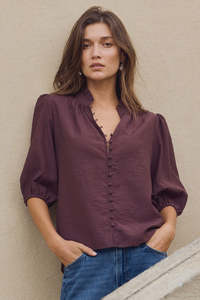 Ivy + Jack Continuance Chocolate Semi Sheer High Neck Buttoned Short Sleeve Top