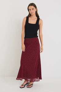 Stories Be Told Emporium Burgundy Polka Dot Satin Bias Midi Skirt