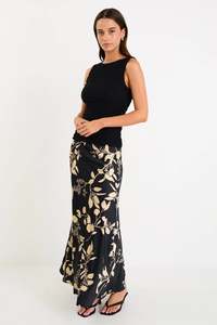 Products: Stories Be Told Prodigy Black Beige Floral Satin Bias Cut Maxi Skirt