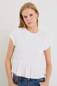 Stories Be Told Neat White Slub Shirred Detail SS Tee