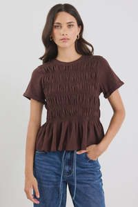 All Tops: Stories Be Told Neat Chocolate Slub Shirred Detail SS Tee