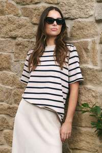 Re:Union Binding Ecru Navy Stripe Boxy Fit Tee