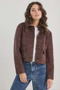 Among The Brave Chocolate Mock Suede Button Front Cropped Jacket Chocolate
