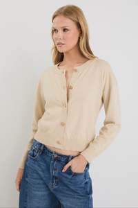 Ivy + Jack Delight Champagne Cotton Cashmere Fine Knit Crew Cardigan