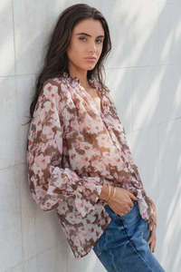 Among The Brave Odyssey Blush Chocolate Floral Shirred Neck Long Sleeve Top