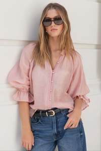 Shirts Blouses: BY ROSA Encounter Blush Gathered Button Front Top
