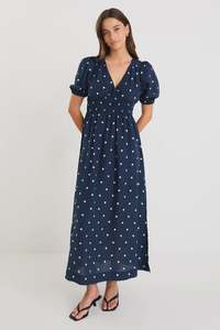 Stories Be Told Eloquent Navy Polka Dot Flutter Sleeve Maxi Dress