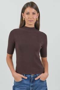 Knitwear: Among The Brave Contour Chocolate Funnel Neck Short Sleeve Knitted Top