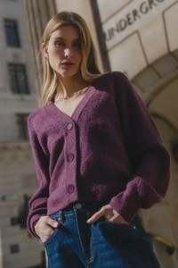Knitwear: Stories Be Told Essence Plum V Neck Cardigan