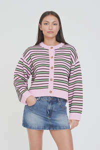 Knitwear: Huffer Bobby Knit Cardigan Pink/Meadow
