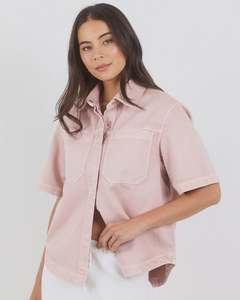Womens Outerwear: Stories Be Told Crucial Pale Pink Denim Short Sleeve Shacket