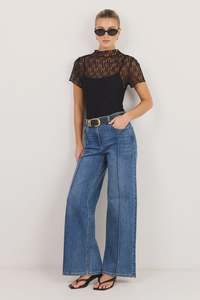 Among The Brave Fervent Vintage Blue Stretch Flare Pintuck Jeans