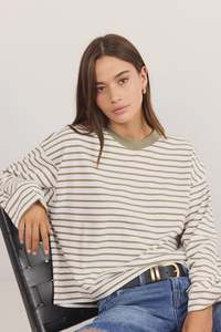 Stories Be Told Unite Khaki White Stripe Long Sleeve Binding Tee