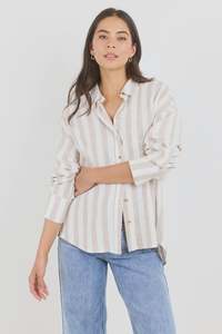 By Rosa Reveal Taupe Stripe Tie Back Shirt