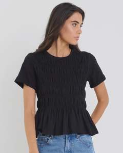 All Tops: Stories Be Told Neat Black Slub Shirred Detail SS Tee