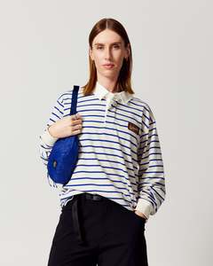 Travel Knits: Retreat Rugby Polo - Ecru/Summit Blue Stripe