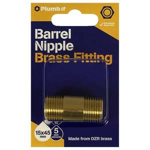 Plumb It Barrel Nipple 15mm x 45mm Brass