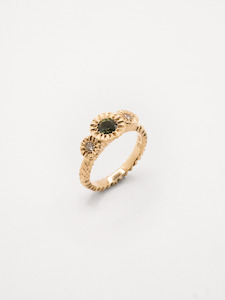 Alexandra Dodds: Triple Teeth Gem Ring ~ Gold, Green Sapphire & Diamonds