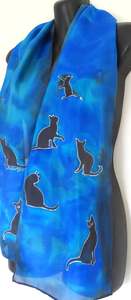 Cats Dogs Horses Other Animals Hand Painted Silk Scarves: Blue, Aqua and black Cats -  Animal Hand painted Silk Scarf