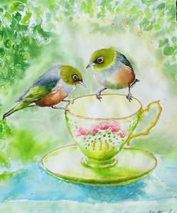 SilverEyes on Teacup - Outdoor Art Panel 25cm x 22cm