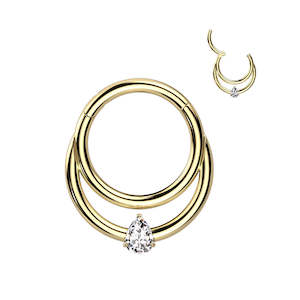 Hinged Rings: Gold Double Lined Tear Drop Titanium Hinged Ring