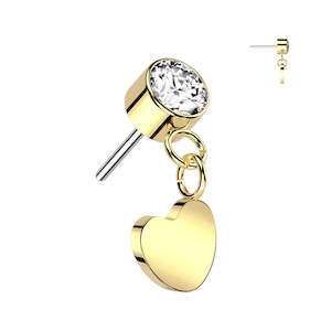 Gold CZ Dangly Heart Titanium Threadless Top