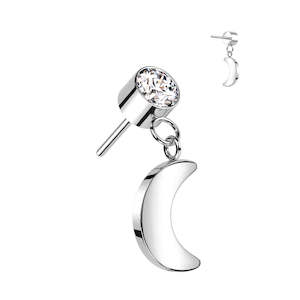 Flat Piercing Jewellery: Silver CZ Dangly Moon Titanium Threadless Top