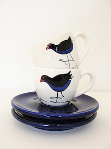 Products: Keriblue Ceramics Espresso Cup and Saucer – White Pukeko Keriblue Ceramics