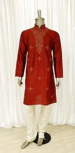 Mens: Deep Red Mens Kurta Pyjama Set