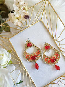 Red & Gold Pearl Drop Earrings