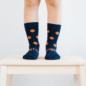 Lamington Socks: Lamington Kids Youths CREW Merino Socks Cannon Navy Orange Dots