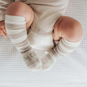 Lamington Socks: Lamington New Born Merino Wool Socks Dandelion Beige White Stripes